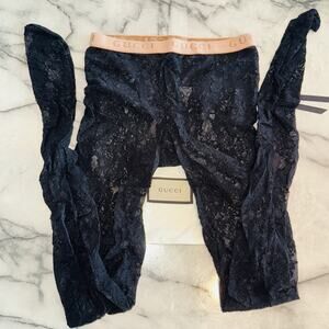 NEW 100%Auth Gucci Women's Black Floral Lace Tights Logo Waistband S 536458 1000